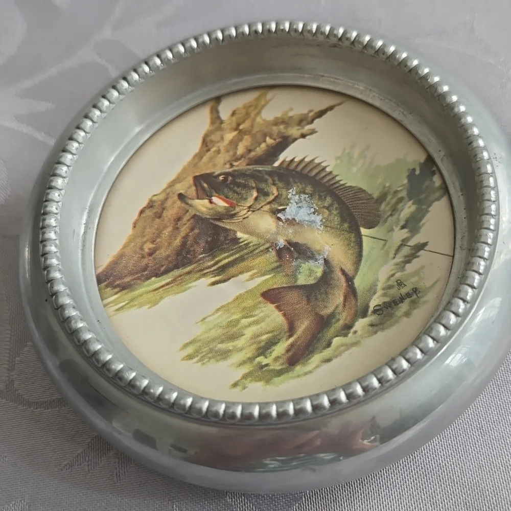 Vintage Set Of 4 Fred Sweney Coasters Birds Fish Metal Glass Barware Rustic